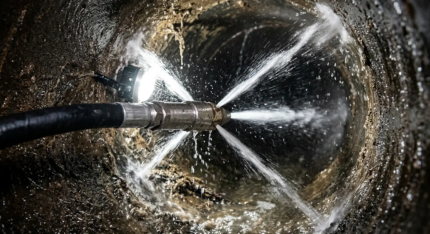 High-pressure hydro jetting nozzle cleaning sewer pipe for Storm Drain Cleaning in Bridgetown