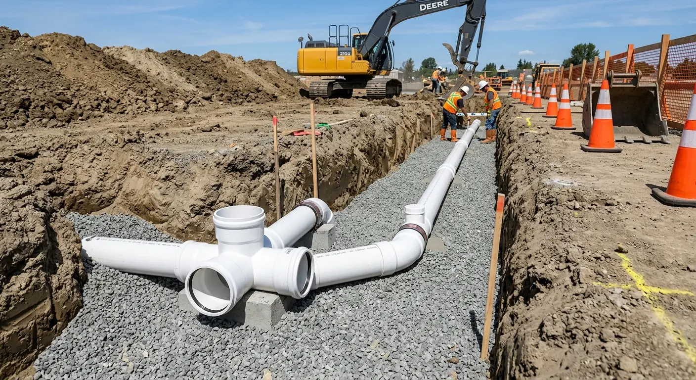 New PVC sewer pipe installation in open trench for Sewer Backup in Bridgetown
