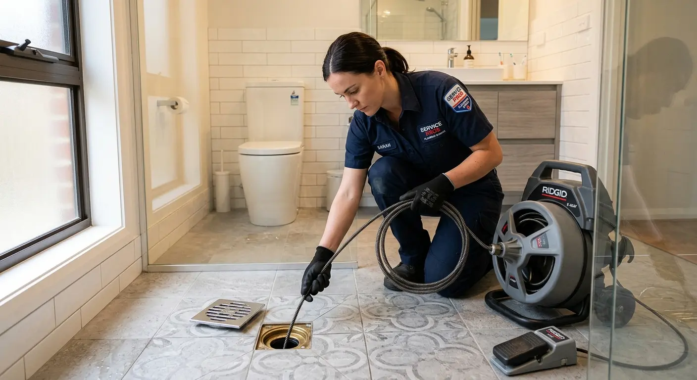 Technician clearing a bathroom floor drain for Hydro Jetting in Bridgetown